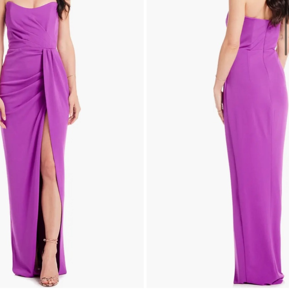 Katie May Strapless Purple Ruched Slit Gown